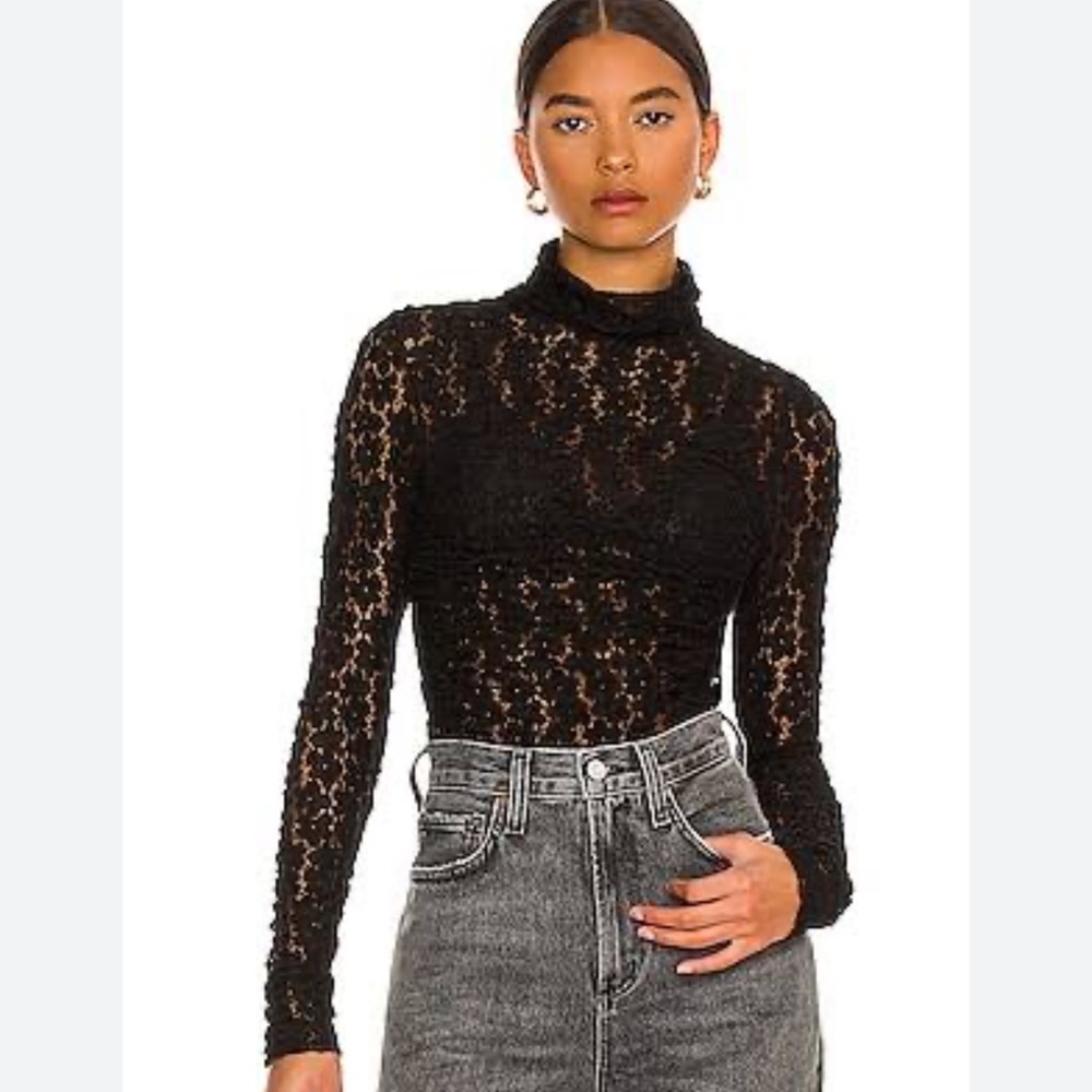 Free People Black Lace Day & Night Ruched Long Sleeve Bodysuit, XS